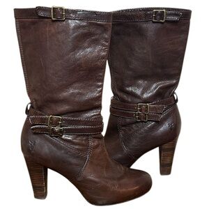 Frye Miranda Slouch Mid Calf boot in dark brown leather 3.5-inch heel size 9